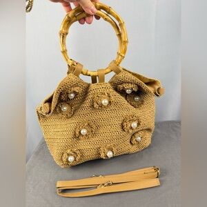 Straw Bamboo Handle Bag Pearl Raffia Tote Crossbody Boho Chic
